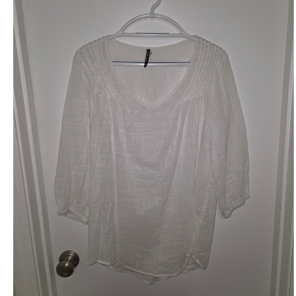North River White Cotton Gauze Pintuck V-Neck Blouse Medium Sheer Boho Peasant